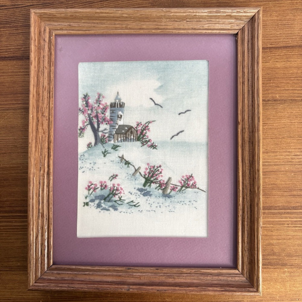 Framed Cross Stitch Lighthouse Pink Blossoms Mauve Mat 11"x9"